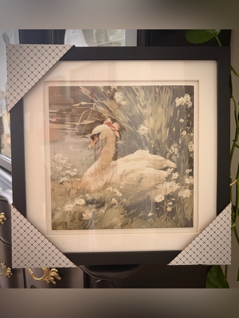 Framed Swan Art Print with pink bow in Soft Neutrals-Black frame